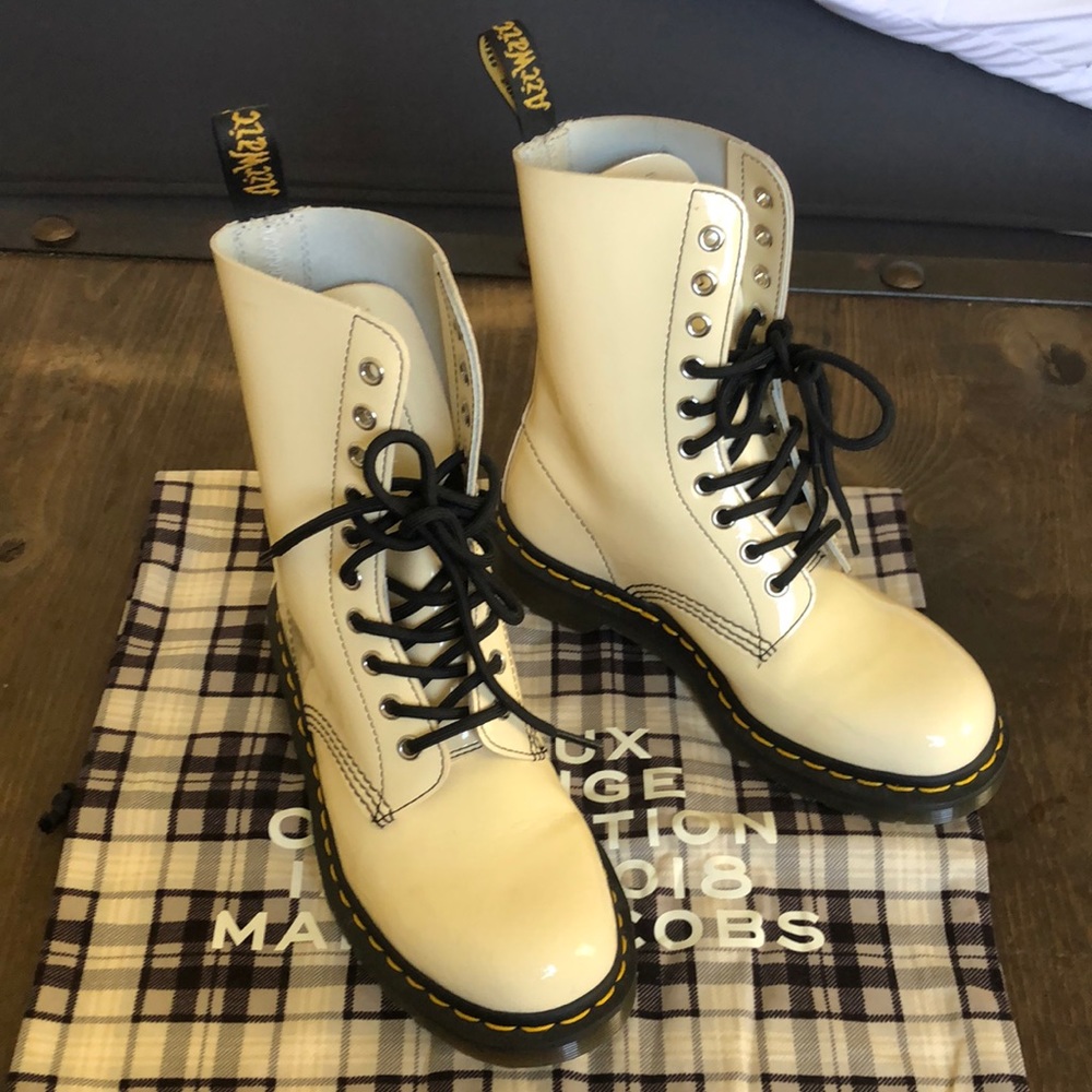 Marc Jacob’s x Doc Martens patent ivory boots.  Size 7US